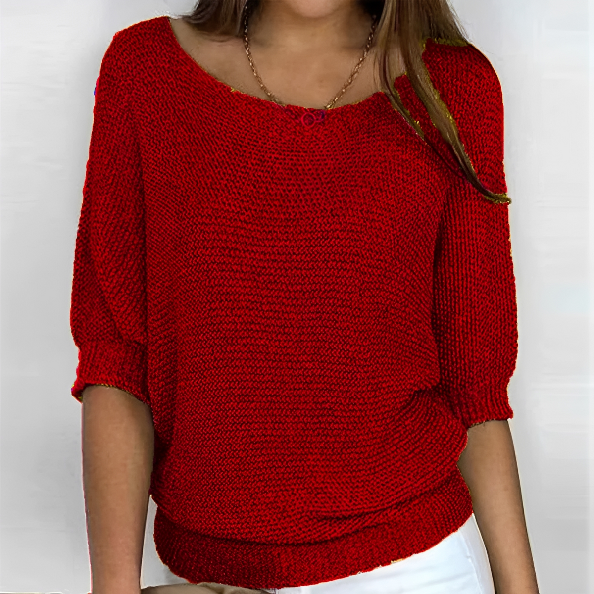 Women's Sweater Round Neck 3/4 Sleeve Relaxed Fit with Banded Hem and Elastic Cuffs