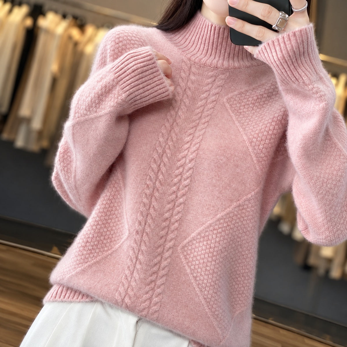 Women's Sweater Turtleneck - Textured Design, Relaxed Fit