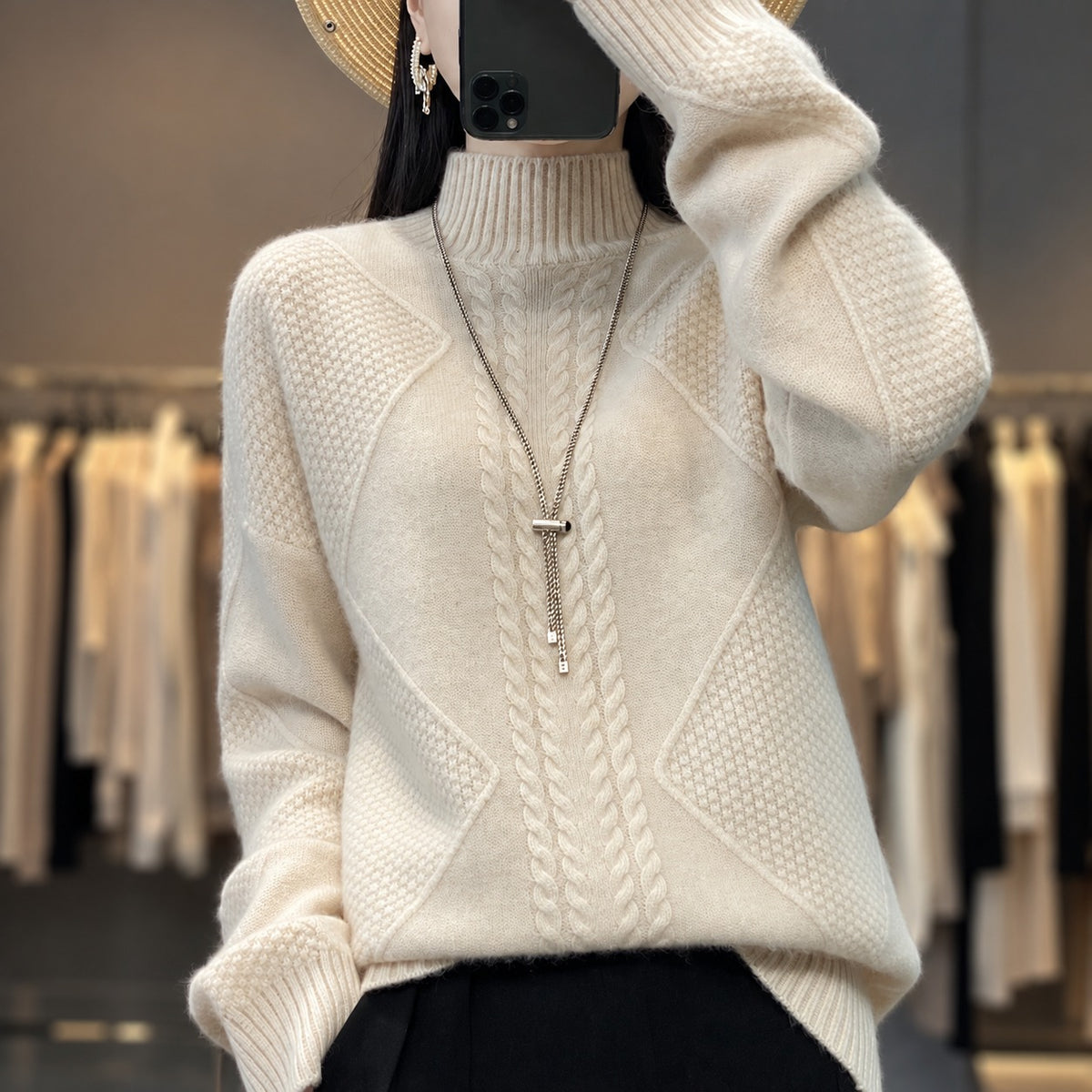 Women's Sweater Turtleneck - Textured Design, Relaxed Fit