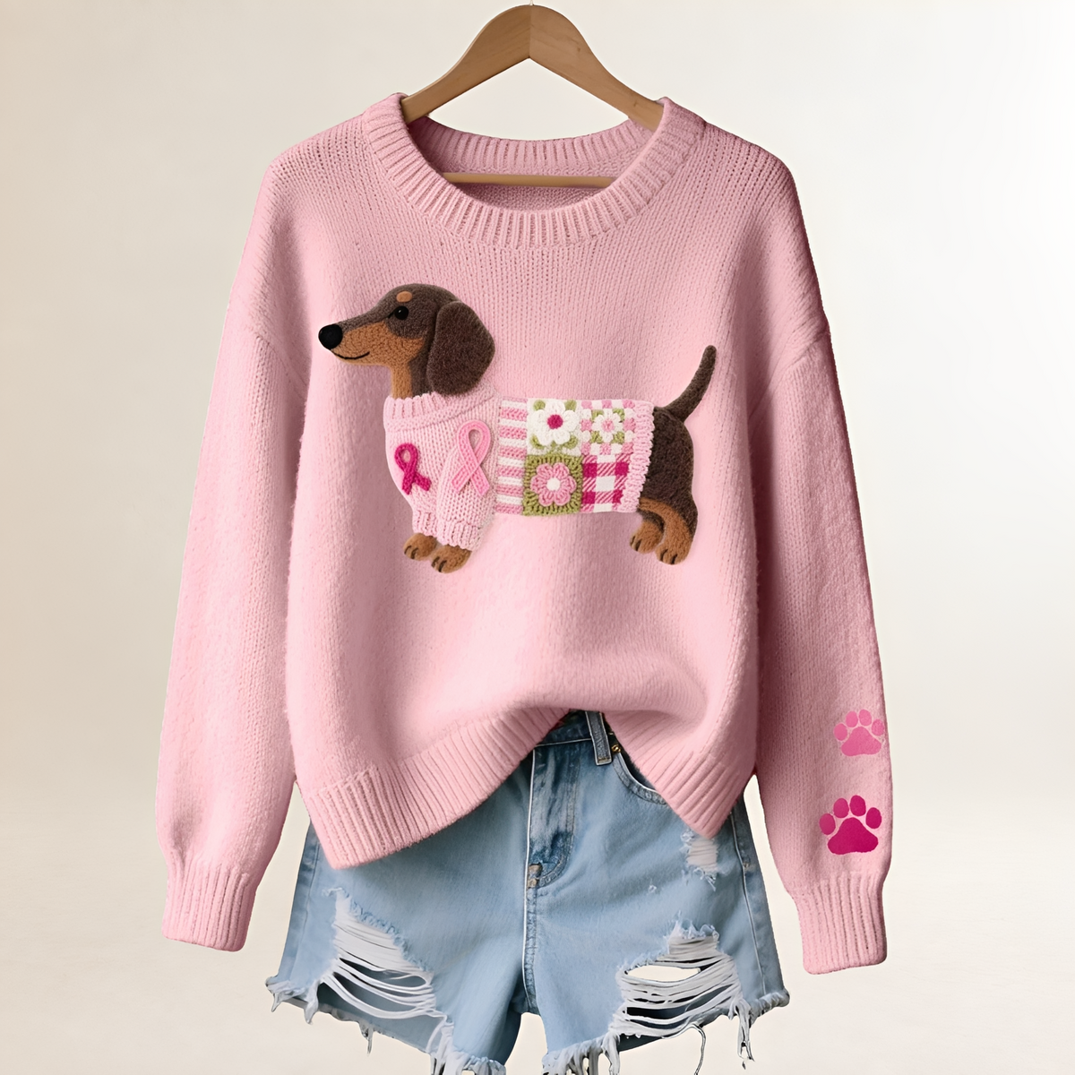 Women's Sweater with Dachshund Design - V-Neck, Relaxed Fit, Playful Patchwork
