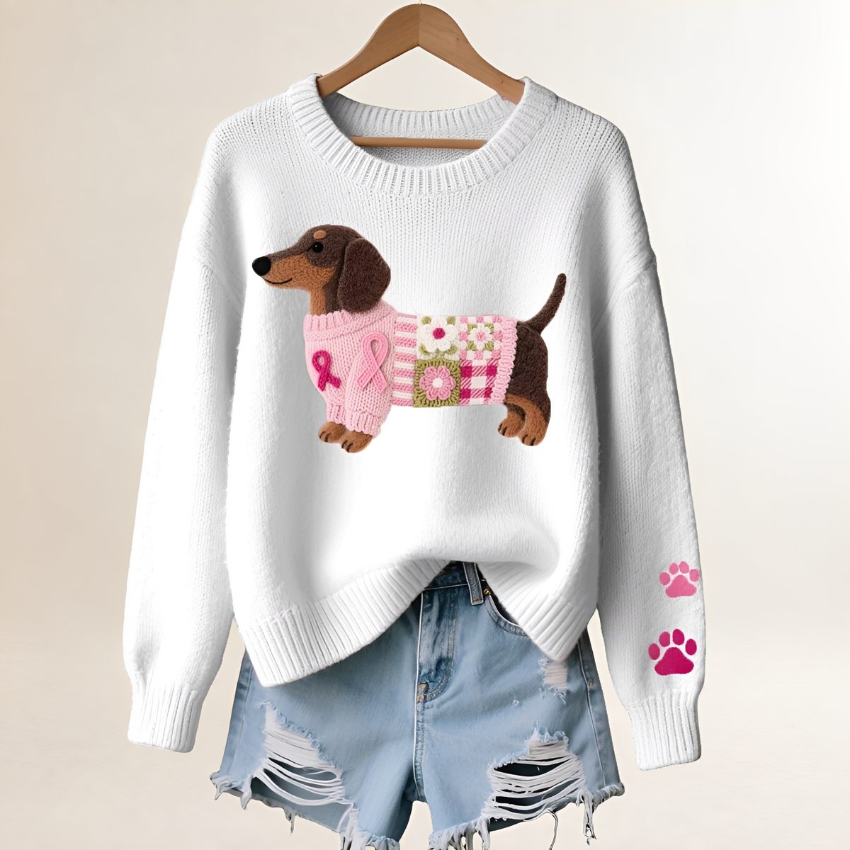 Women's Sweater with Dachshund Design - V-Neck, Relaxed Fit, Playful Patchwork