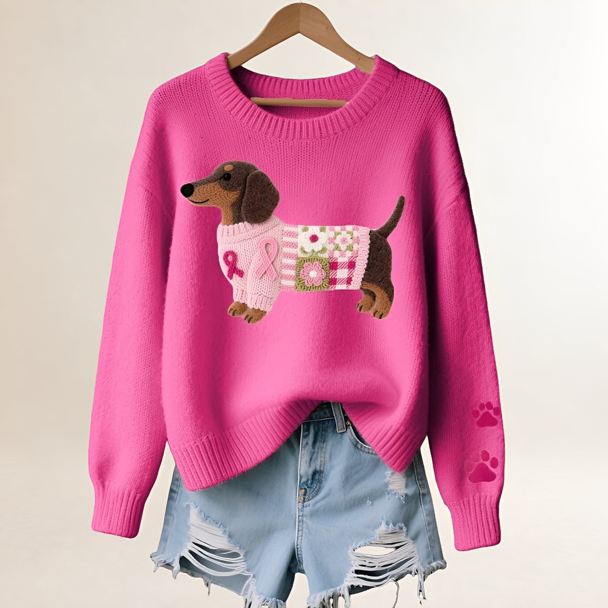 Women's Sweater with Dachshund Design - V-Neck, Relaxed Fit, Playful Patchwork
