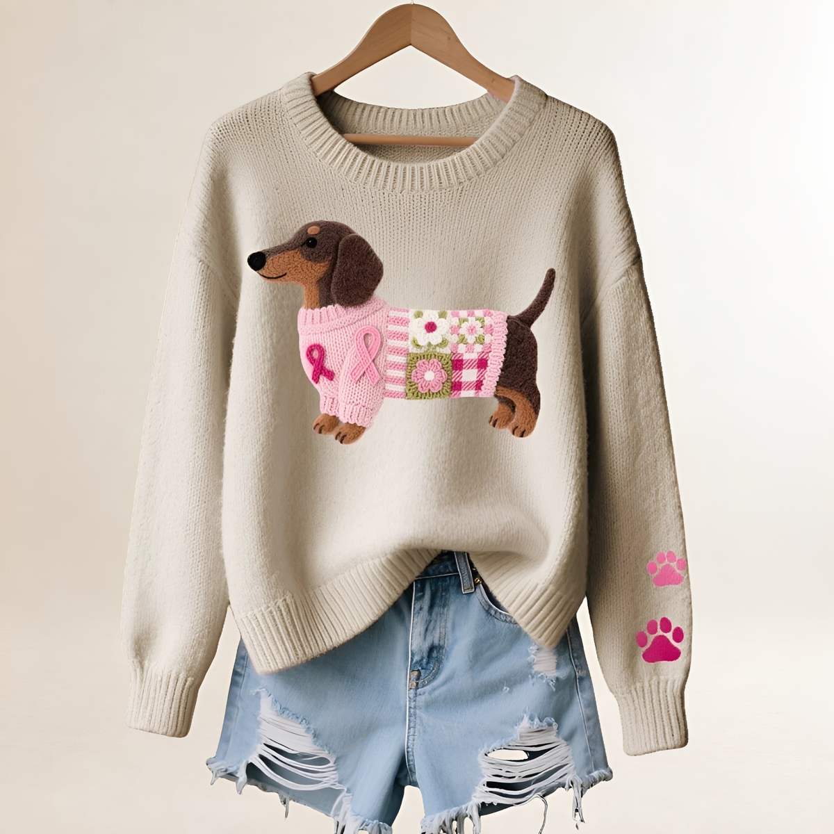 Women's Sweater with Dachshund Design - V-Neck, Relaxed Fit, Playful Patchwork