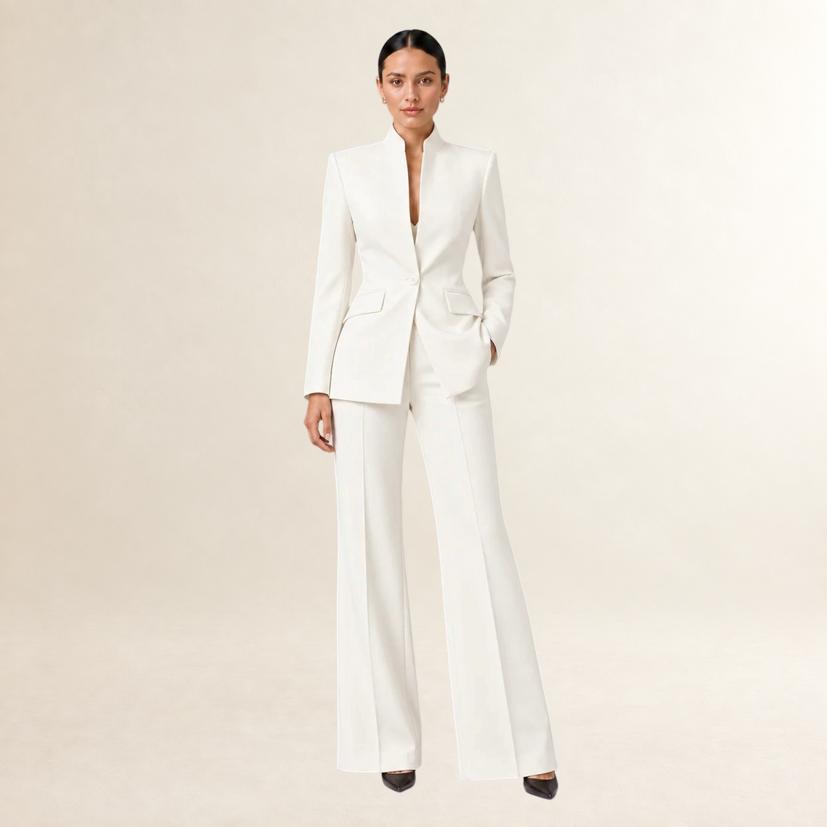Women's Tailored Blazer and Wide-Leg Trouser Suit Set - Collarless Design, Structured Fit