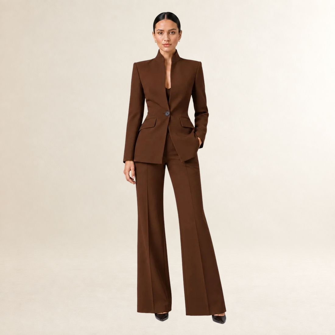 Women's Tailored Blazer and Wide-Leg Trouser Suit Set - Collarless Design, Structured Fit