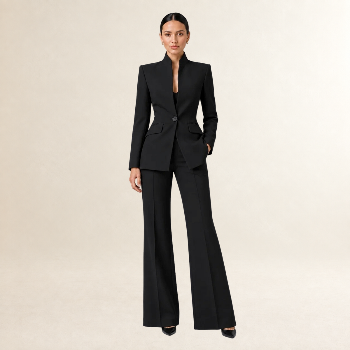Women's Tailored Blazer and Wide-Leg Trouser Suit Set - Collarless Design, Structured Fit