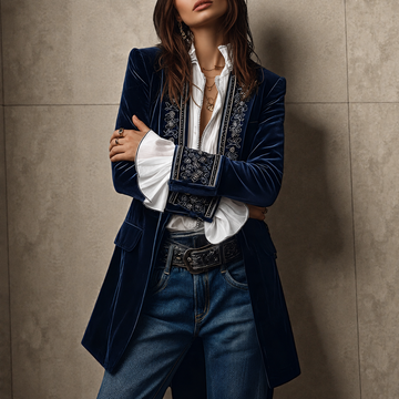 Women's Tailored Longline Jacket with Embroidered Trim and Wide Cuffs