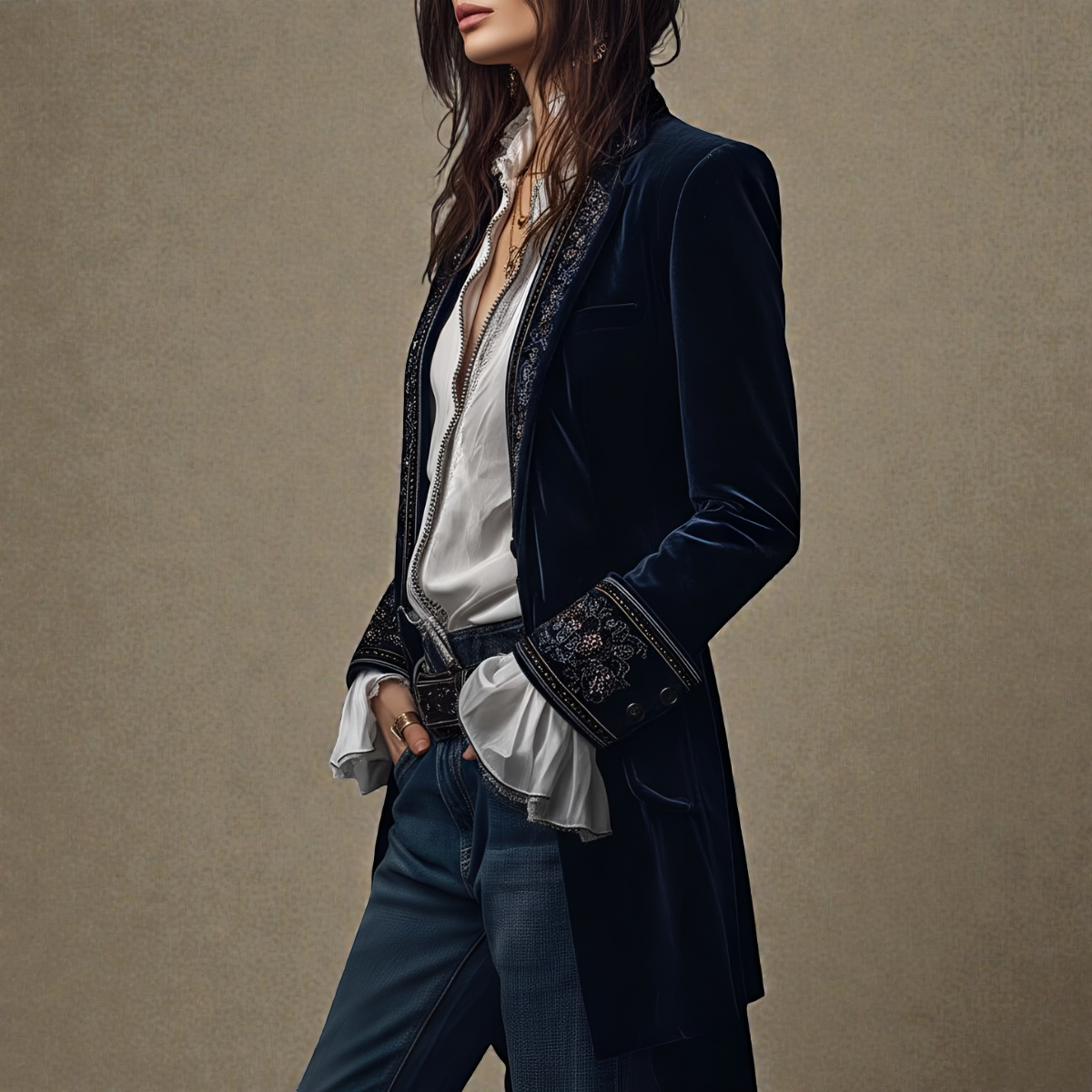 Women's Tailored Longline Jacket with Embroidered Trim and Wide Cuffs