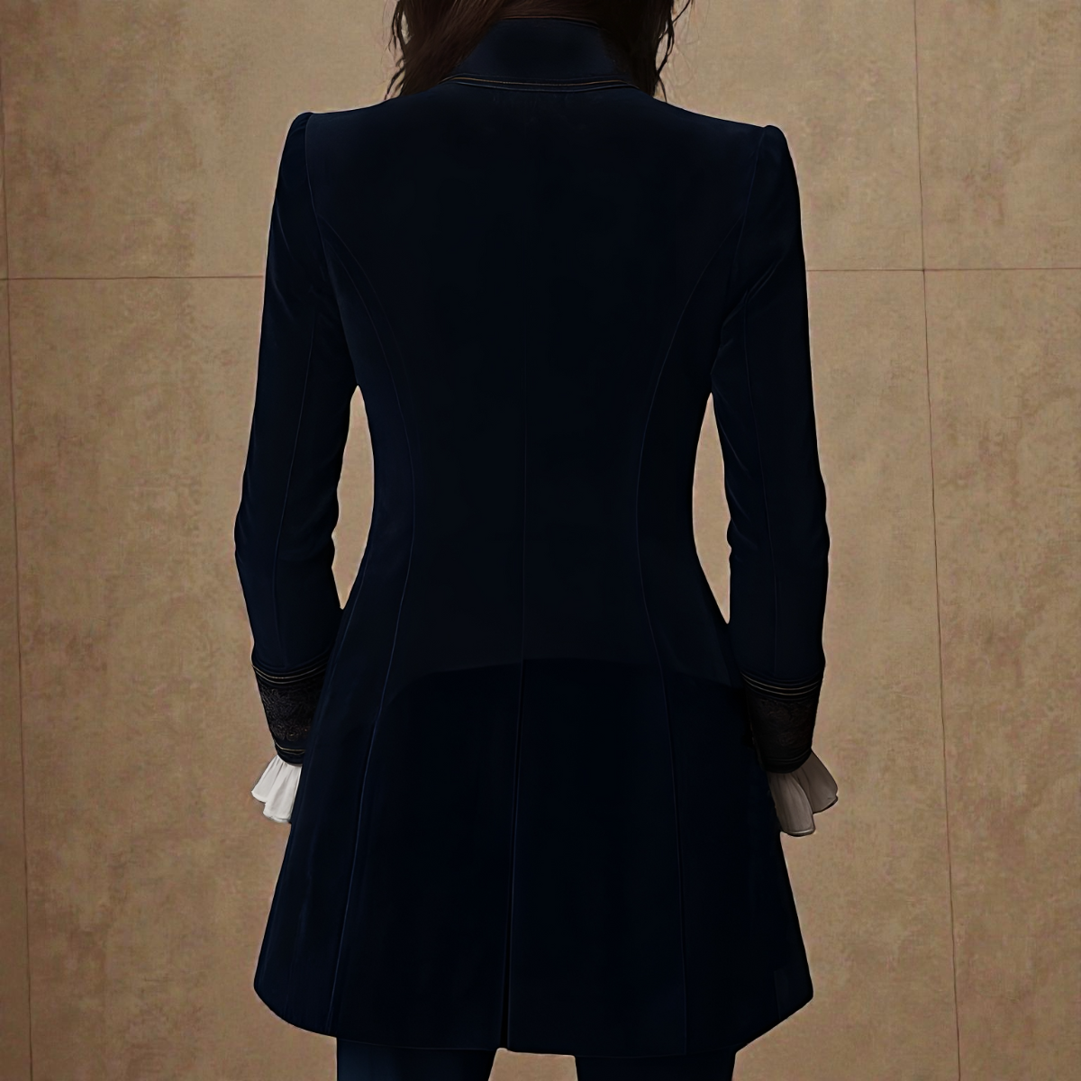 Women's Tailored Longline Jacket with Embroidered Trim and Wide Cuffs
