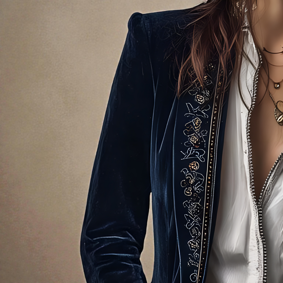 Women's Tailored Longline Jacket with Embroidered Trim and Wide Cuffs