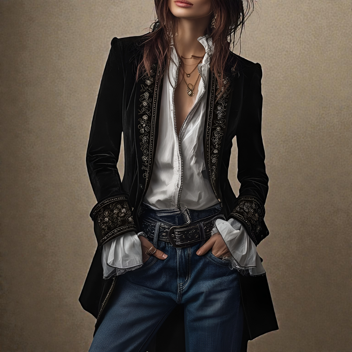 Women's Tailored Longline Jacket with Embroidered Trim and Wide Cuffs