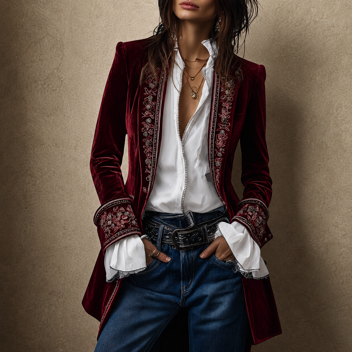 Women's Tailored Longline Jacket with Embroidered Trim and Wide Cuffs