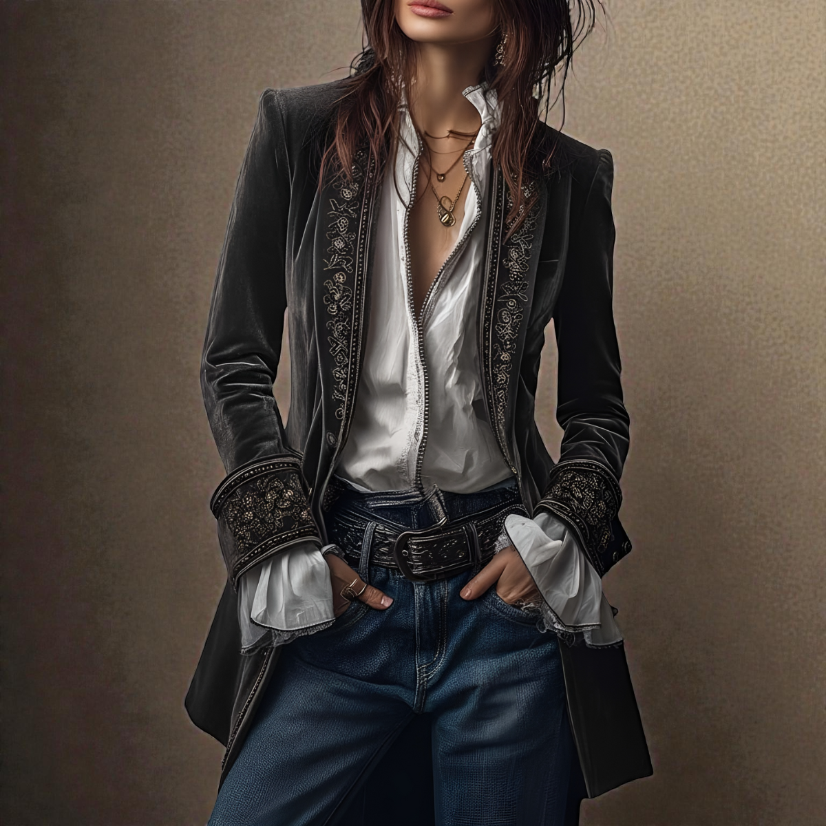 Women's Tailored Longline Jacket with Embroidered Trim and Wide Cuffs
