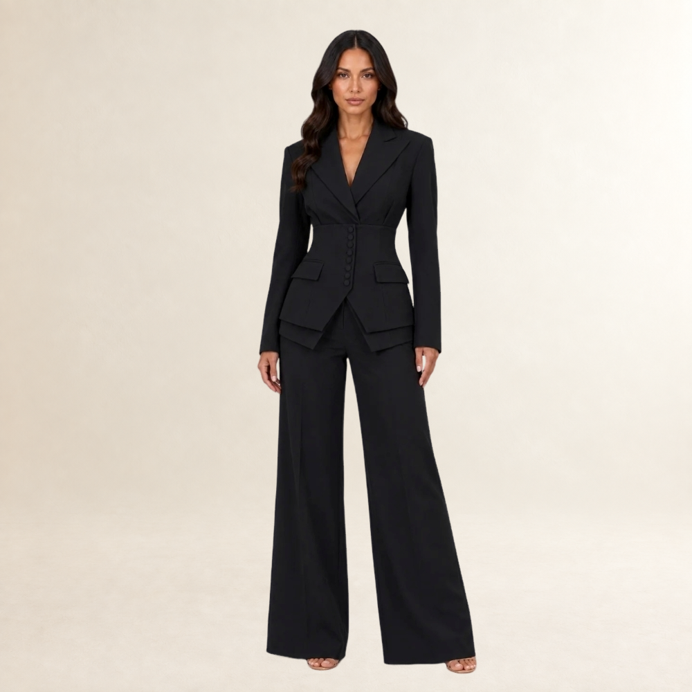 Women's Tailored Three-Piece Suit Set with Wide-Leg Trousers - Blazer and Waistcoat