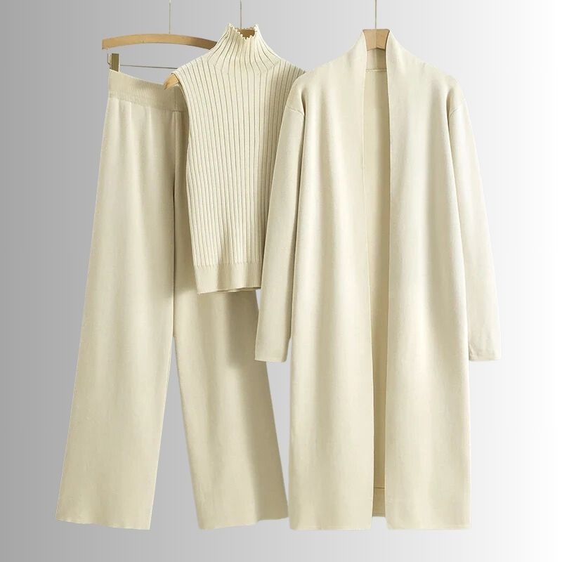 Women's Three Piece Set Relaxed Fit Ribbed Top and Wide-Leg Pants
