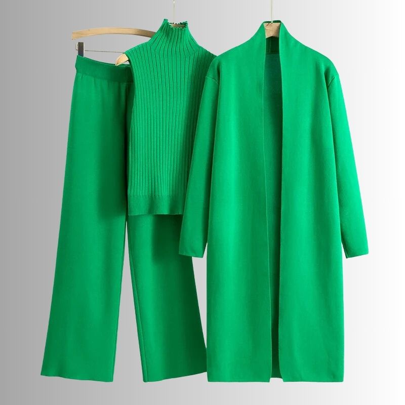 Women's Three Piece Set Relaxed Fit Ribbed Top and Wide-Leg Pants