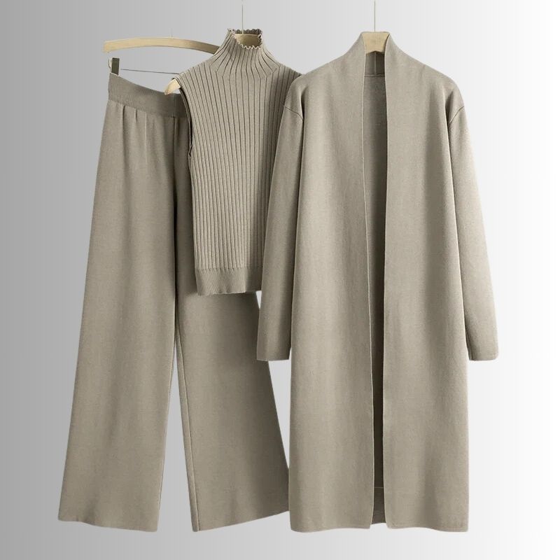Women's Three Piece Set Relaxed Fit Ribbed Top and Wide-Leg Pants