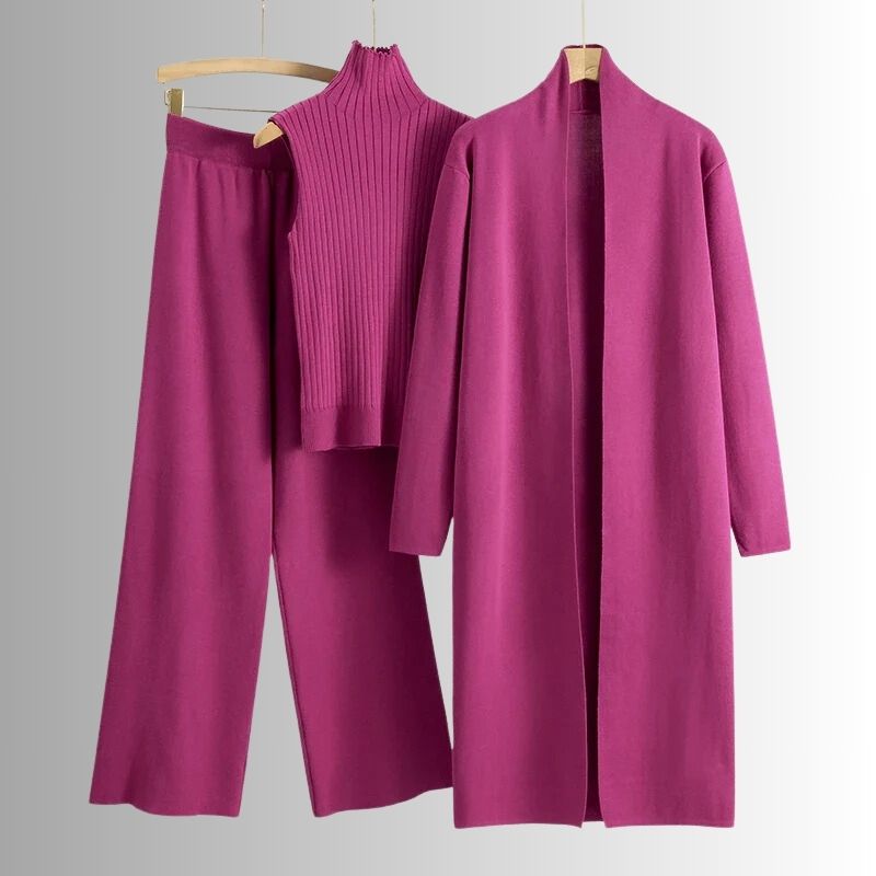 Women's Three Piece Set Relaxed Fit Ribbed Top and Wide-Leg Pants
