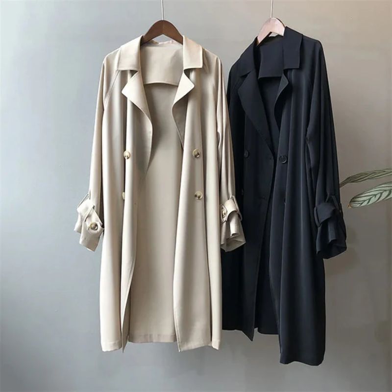 Women's Trench Coat Double-Breasted with Button Detail and Belted Cuffs