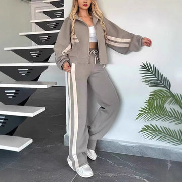 Women's Trendy Two-Piece Tracksuit - Zip-Up Jacket and Wide-Leg Pants with Side Stripes