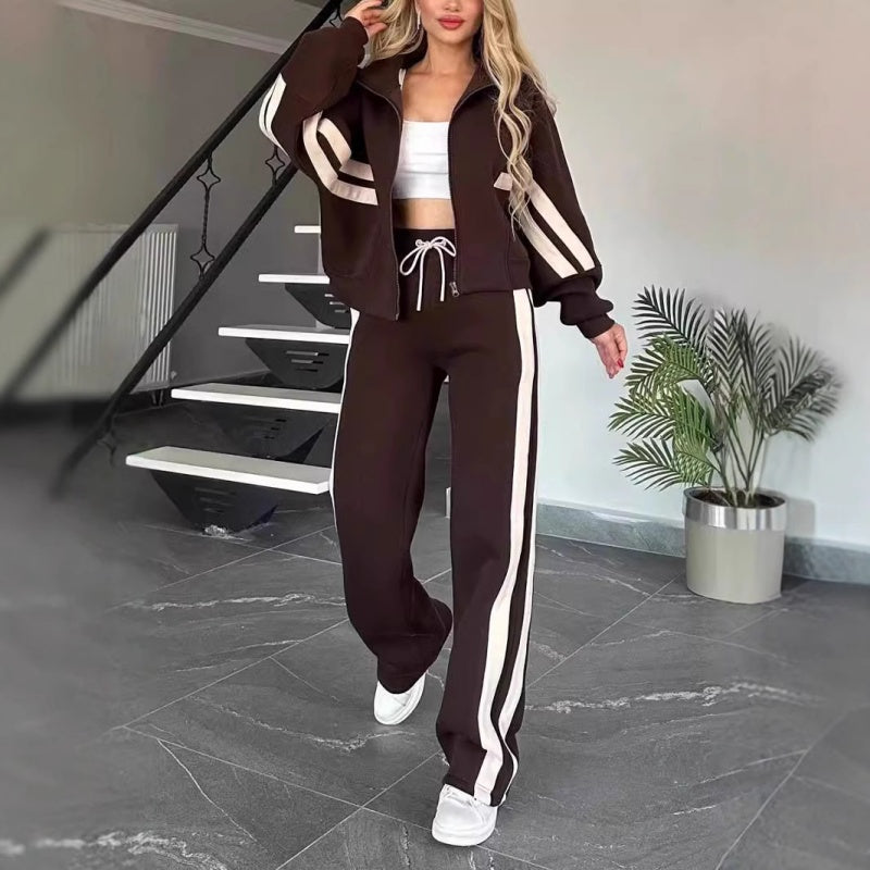Women's Trendy Two-Piece Tracksuit - Zip-Up Jacket and Wide-Leg Pants with Side Stripes
