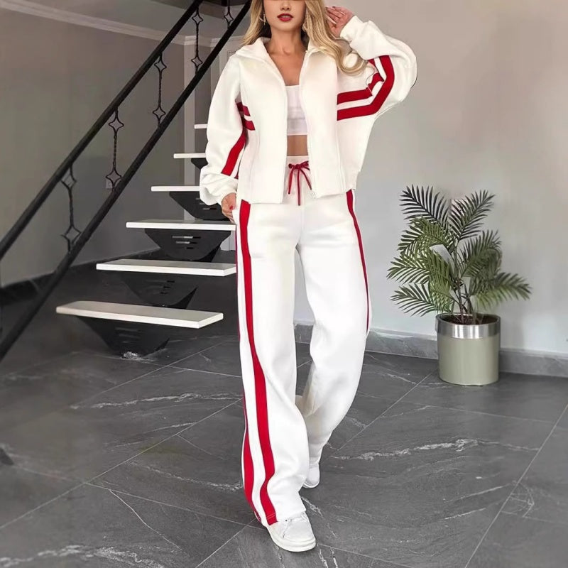Women's Trendy Two-Piece Tracksuit - Zip-Up Jacket and Wide-Leg Pants with Side Stripes
