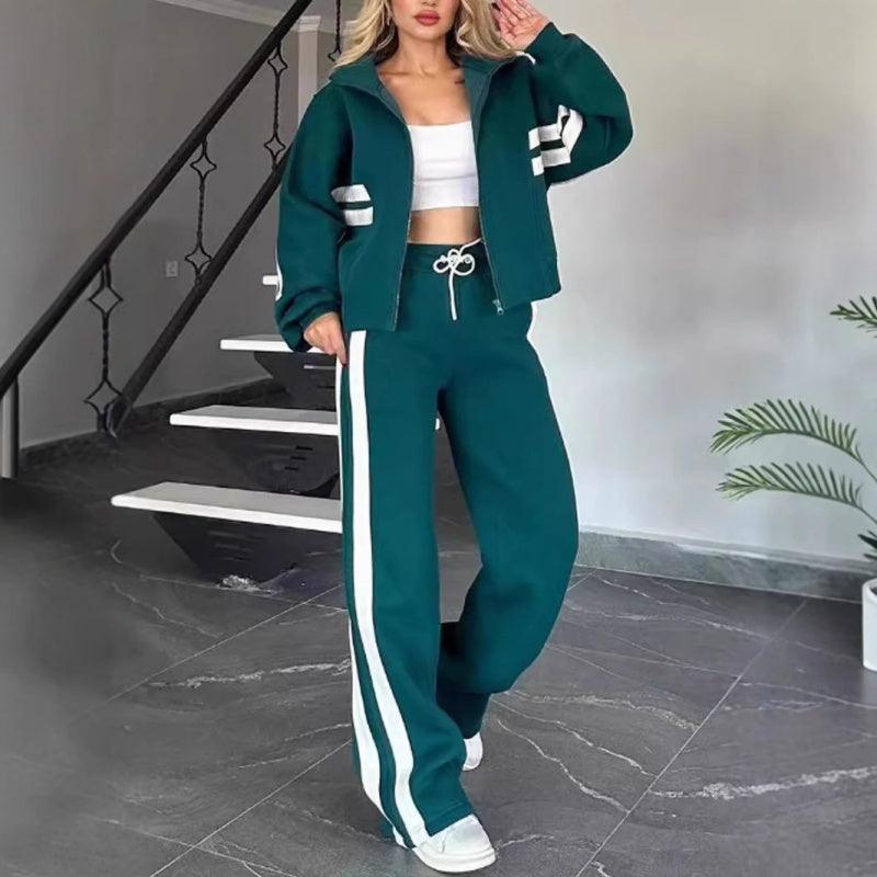 Women's Trendy Two-Piece Tracksuit - Zip-Up Jacket and Wide-Leg Pants with Side Stripes