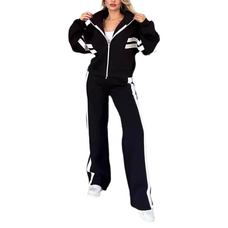 Women's Trendy Two-Piece Tracksuit - Zip-Up Jacket and Wide-Leg Pants with Side Stripes
