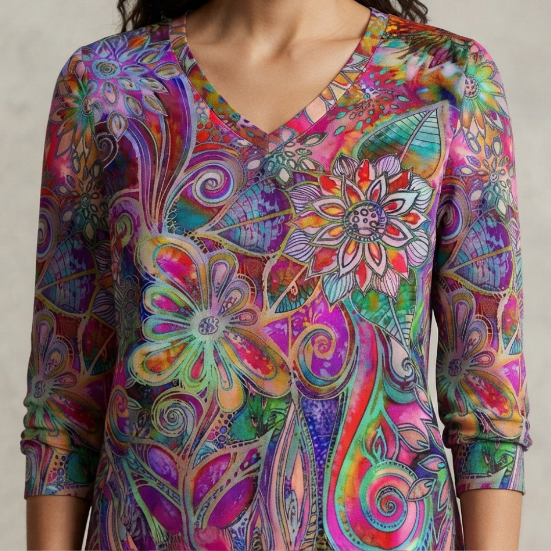 Women's V-neck Floral Blouse, Relaxed Fit Short Sleeve with Side Slit Hem