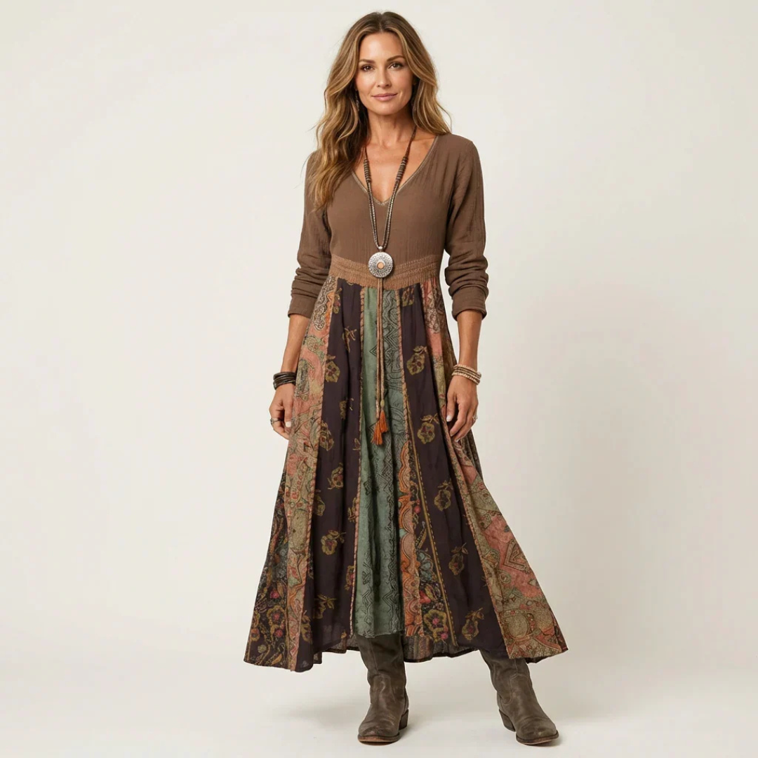 Women's V-neck Long-Sleeve Midi Dress with Patchwork Panel Skirt, Empire Waist, Relaxed Fit