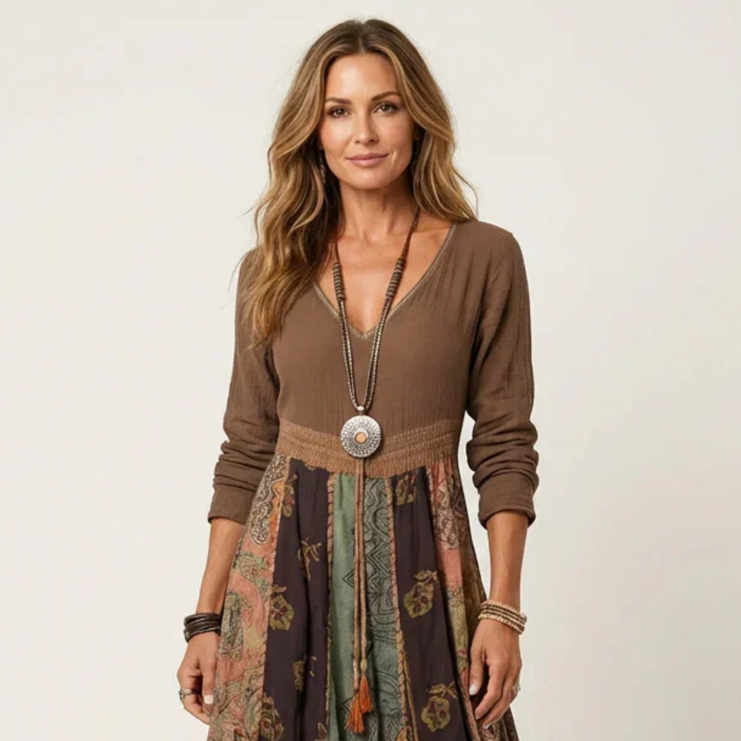 Women's V-neck Long-Sleeve Midi Dress with Patchwork Panel Skirt, Empire Waist, Relaxed Fit