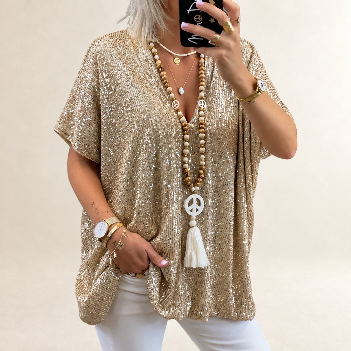 Women's V-neck short-sleeve top, loose fit, hip length, shimmering finish