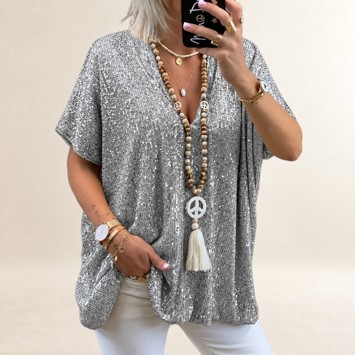 Women's V-neck short-sleeve top, loose fit, hip length, shimmering finish