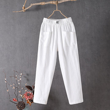 Women's Wide-Leg Pants - Elastic Waist, Front Patch Pockets, 7/8 Length