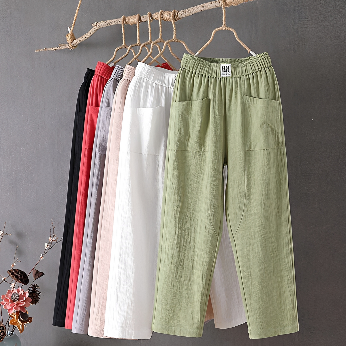 Women's Wide-Leg Pants - Elastic Waist, Front Patch Pockets, 7/8 Length