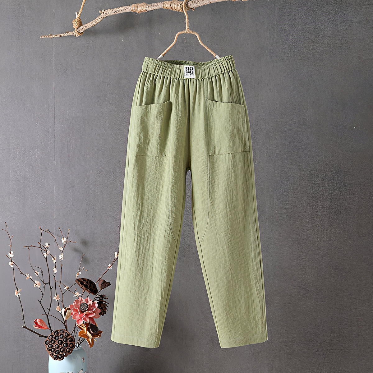 Women's Wide-Leg Pants - Elastic Waist, Front Patch Pockets, 7/8 Length