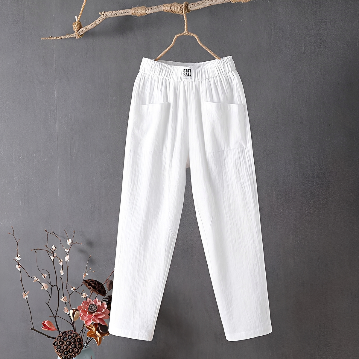 Women's Wide-Leg Pants - Elastic Waist, Front Patch Pockets, 7/8 Length