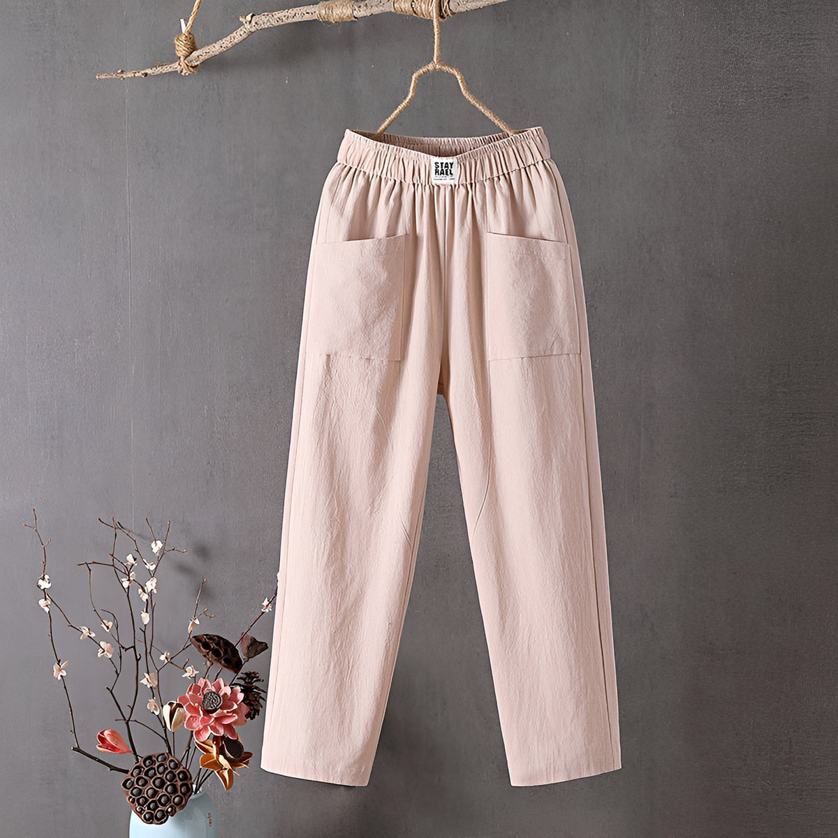 Women's Wide-Leg Pants - Elastic Waist, Front Patch Pockets, 7/8 Length