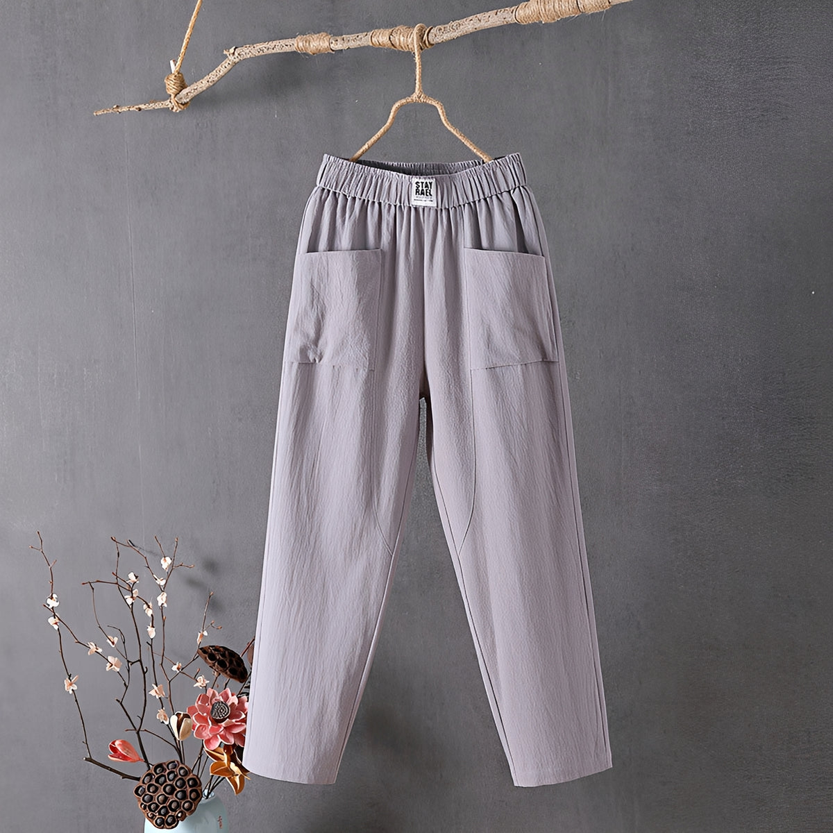 Women's Wide-Leg Pants - Elastic Waist, Front Patch Pockets, 7/8 Length