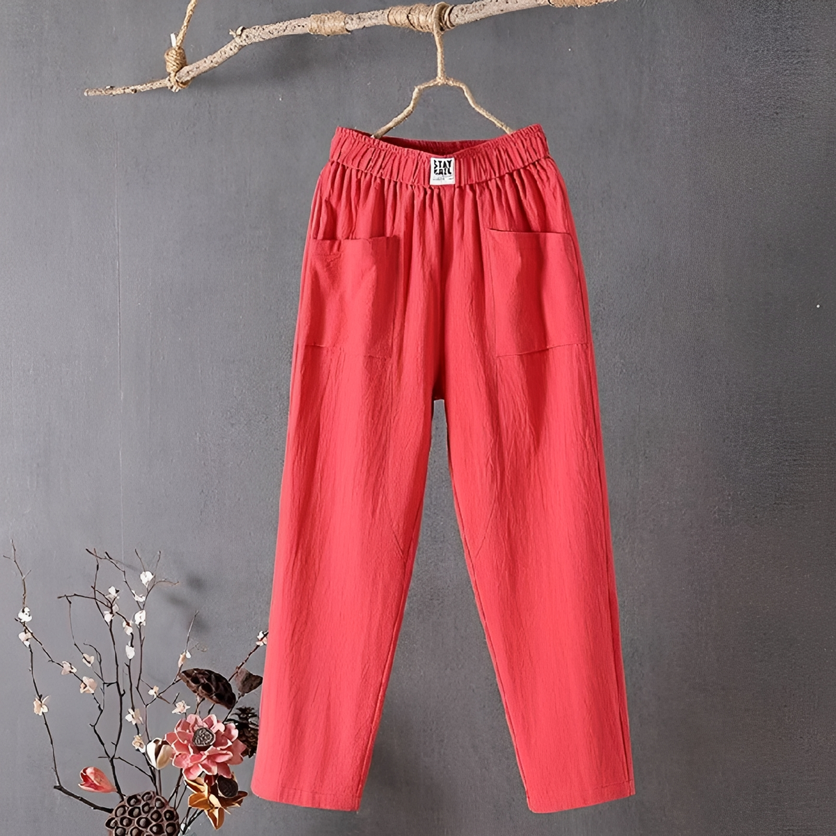 Women's Wide-Leg Pants - Elastic Waist, Front Patch Pockets, 7/8 Length