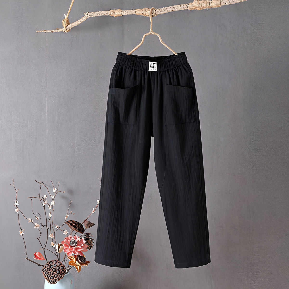 Women's Wide-Leg Pants - Elastic Waist, Front Patch Pockets, 7/8 Length
