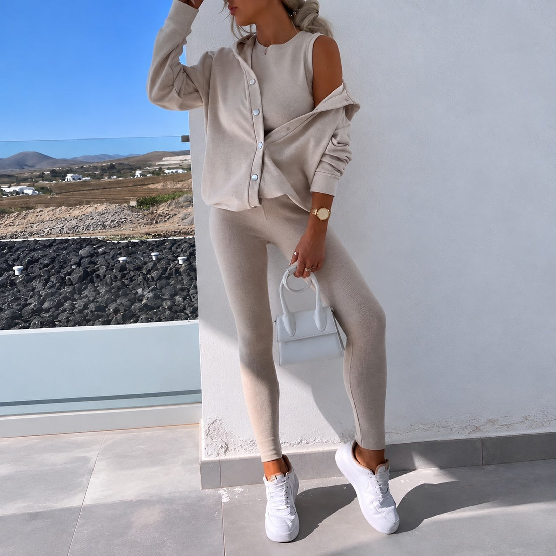 Women Set - Long Sleeve Cardigan with Button Closure and Fitted Leggings