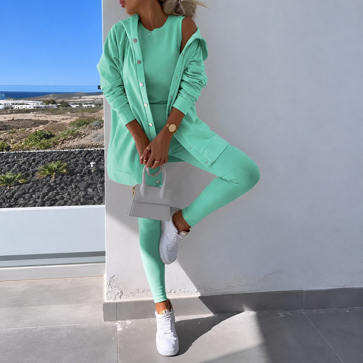 Women Set - Long Sleeve Cardigan with Button Closure and Fitted Leggings