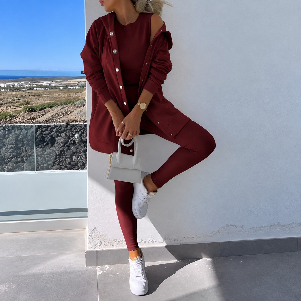 Women Set - Long Sleeve Cardigan with Button Closure and Fitted Leggings