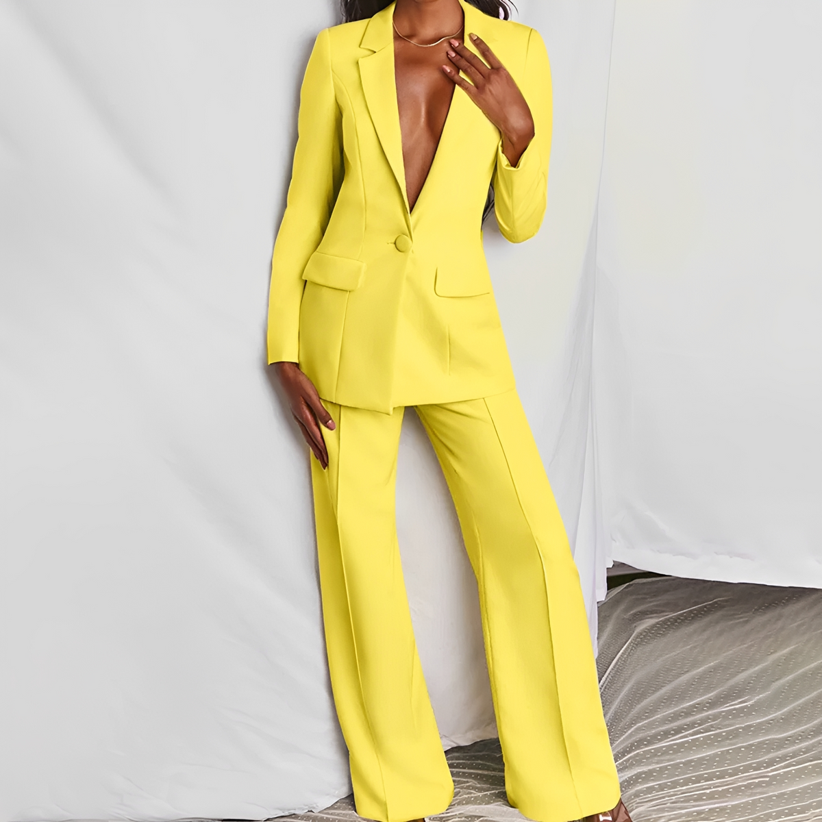 Women Suit Set Blazer and Wide Leg Pants - Tailored Fit with Notched Lapel