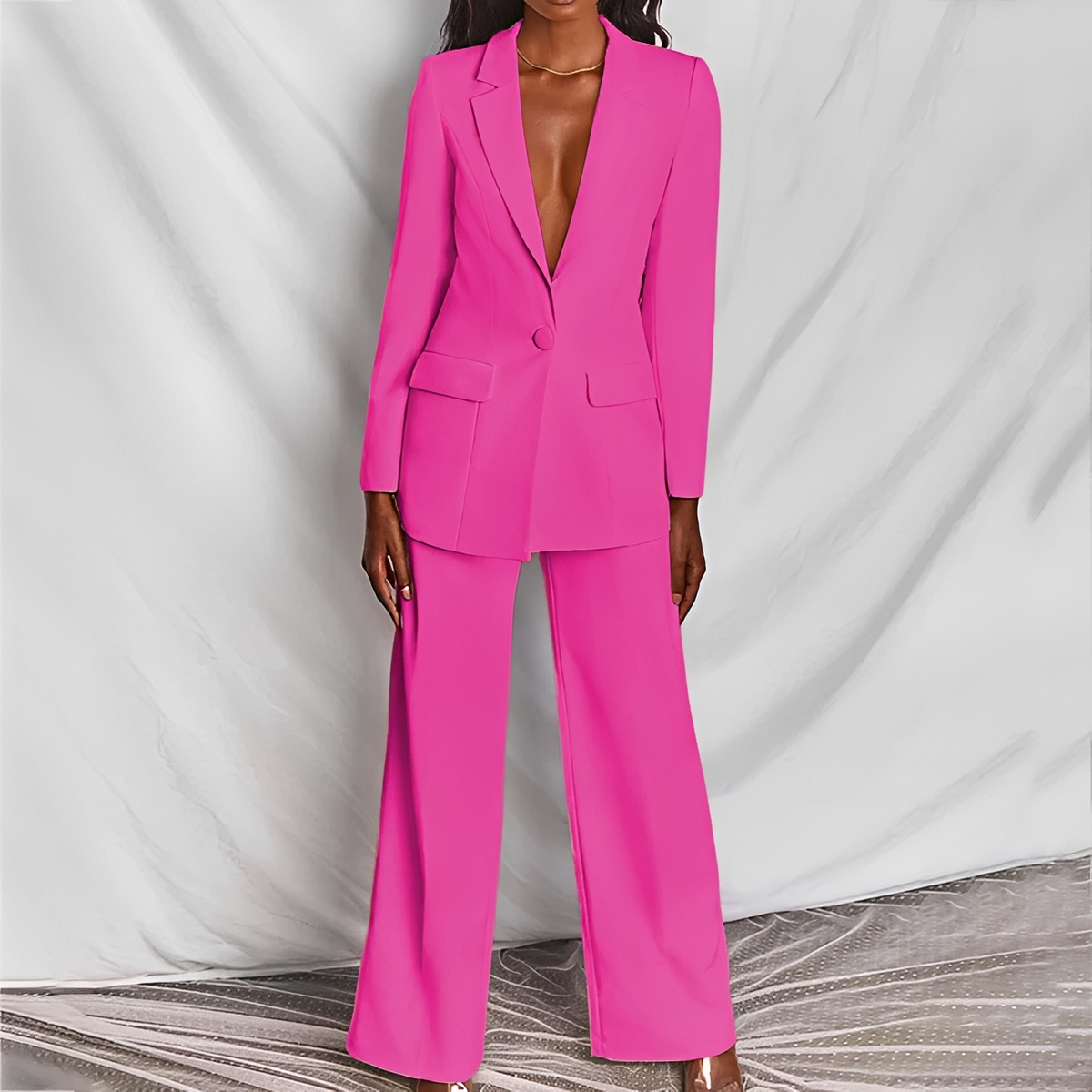 Women Suit Set Blazer and Wide Leg Pants - Tailored Fit with Notched Lapel