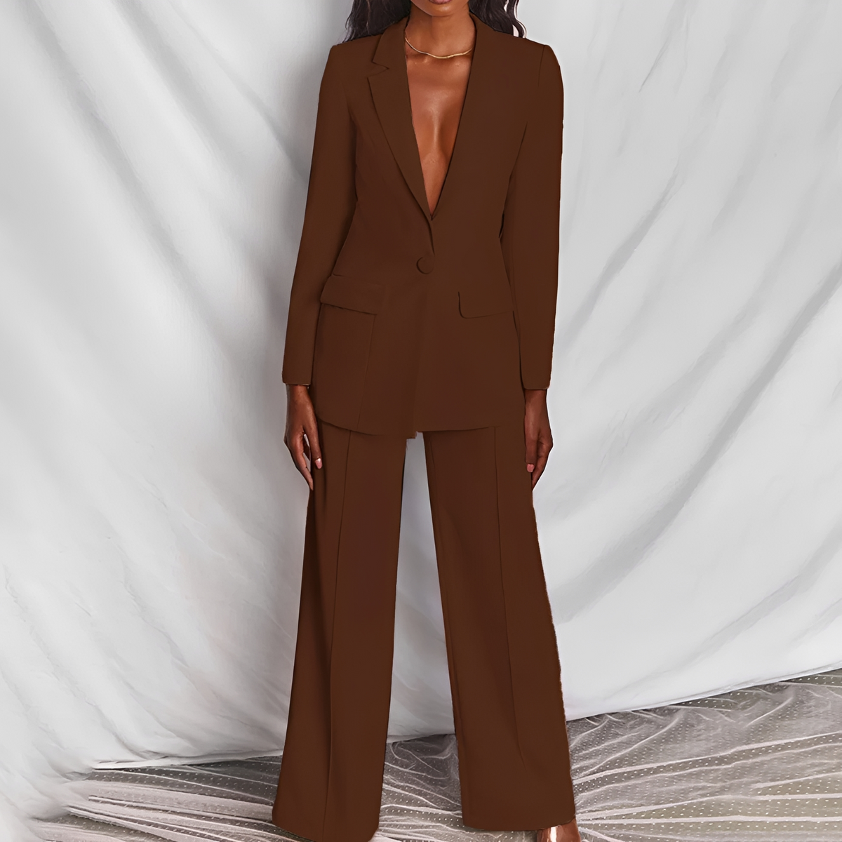 Women Suit Set Blazer and Wide Leg Pants - Tailored Fit with Notched Lapel