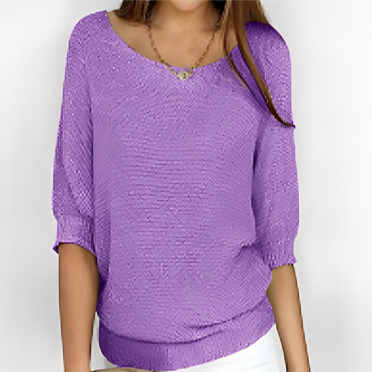 Women Sweater Off-Shoulder Pullover with 3/4 Sleeves - Relaxed Fit