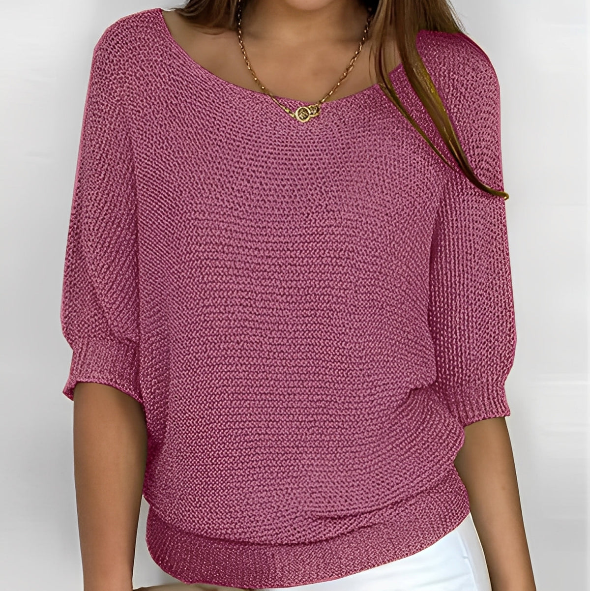 Women Sweater Off-Shoulder Pullover with 3/4 Sleeves - Relaxed Fit