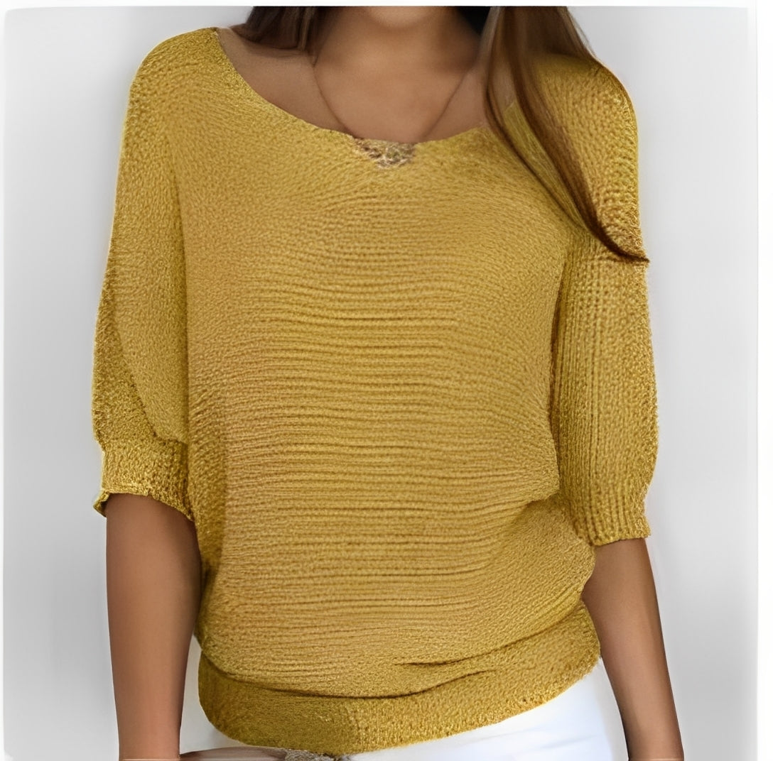 Women Sweater Off-Shoulder Pullover with 3/4 Sleeves - Relaxed Fit